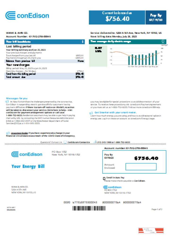 Con Edison utility business bill,  page 1, SCR PSD template